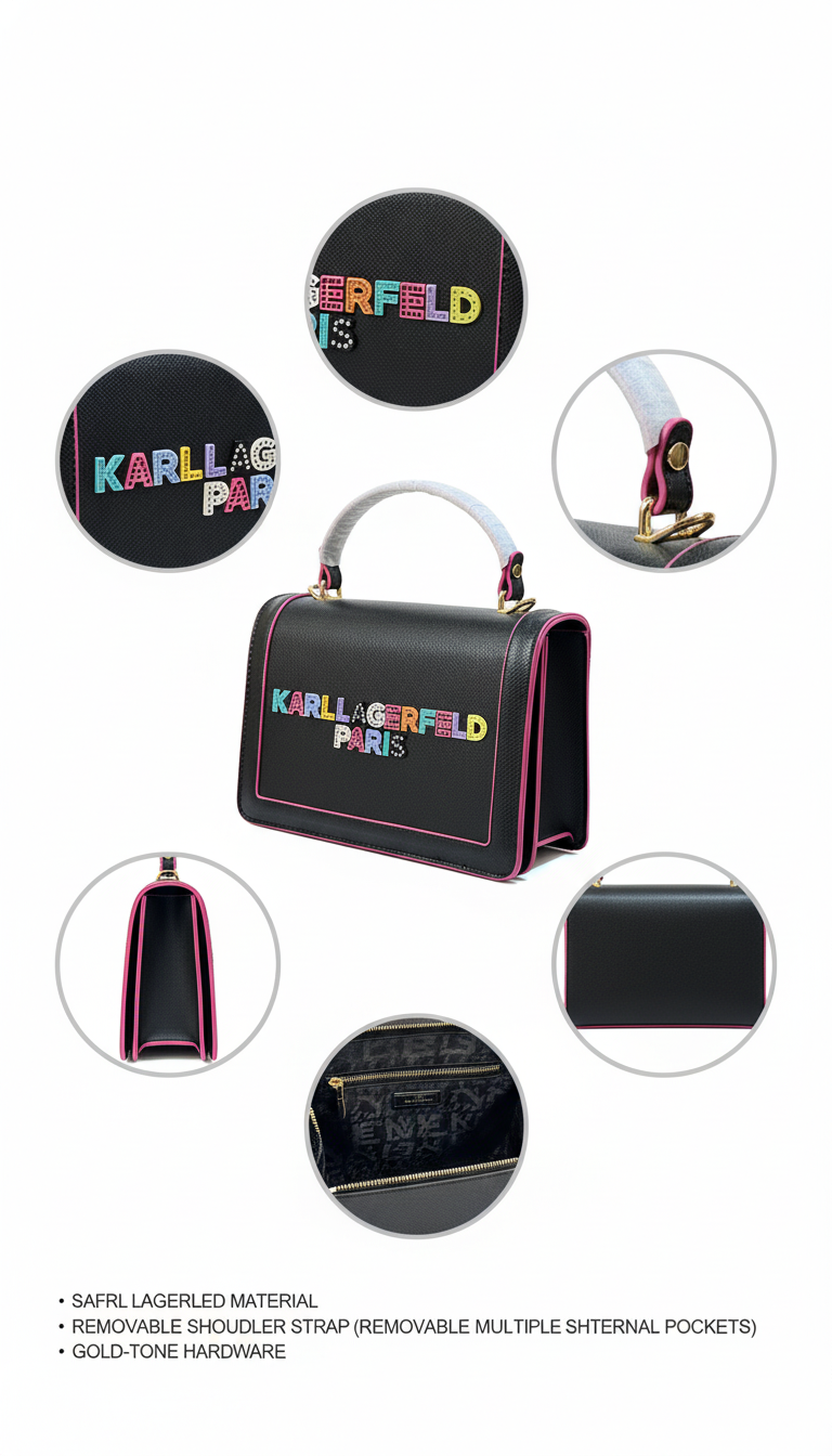 Structured Black KARL LAGERFELD PARIS Top Handle Bag | Vegan Leather | Elegant Gold Hardware