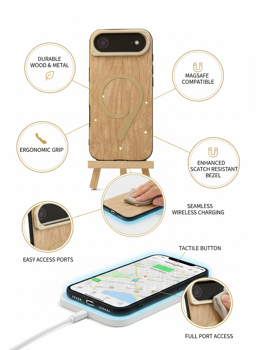 iPhone 17 Air Case with Natural Wood Back, MagSafe Grip/Stand, and Metal Protection Ring