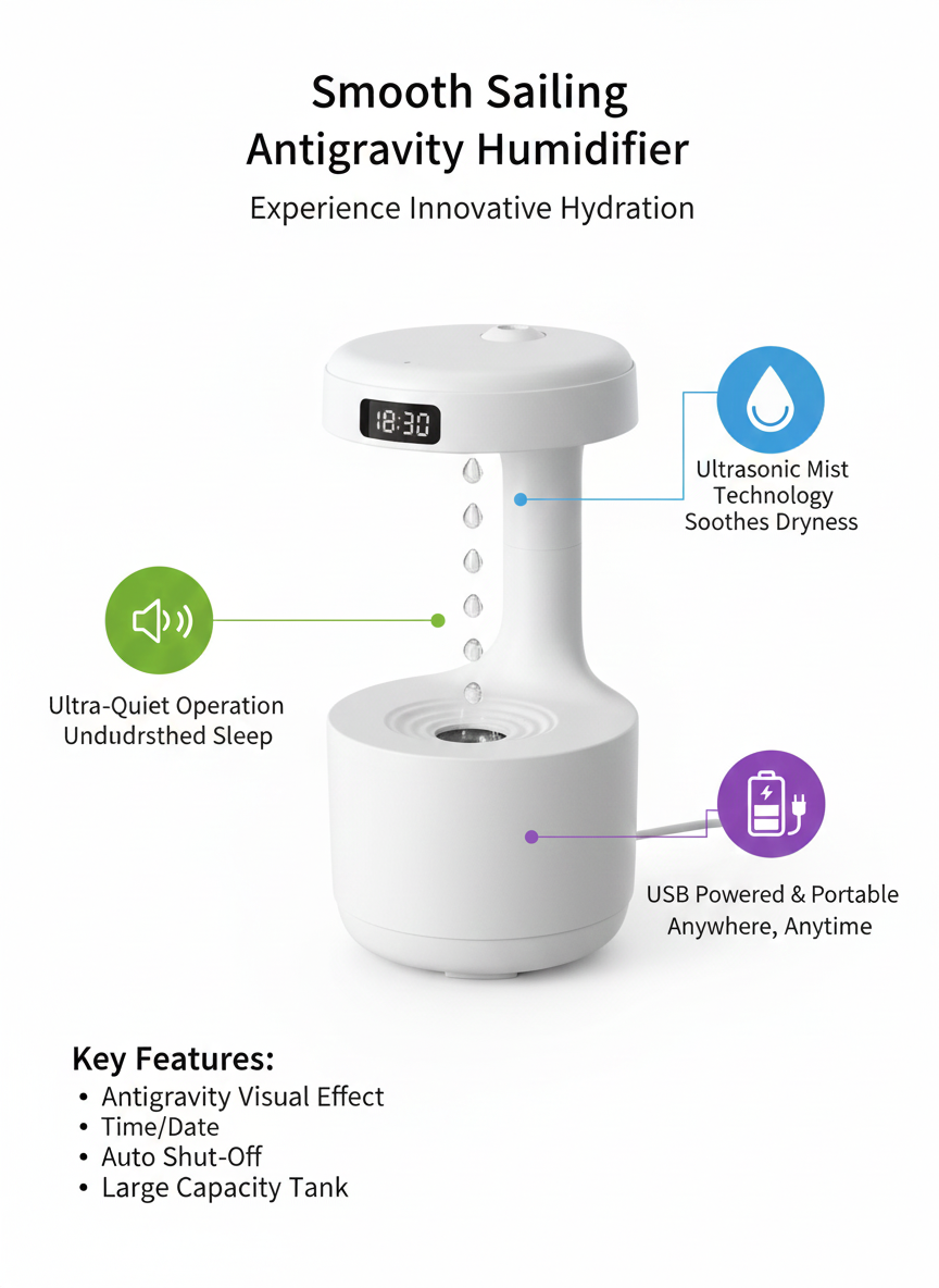 Smooth Sailing Antigravity Humidifier with Digital Clock & Ultra-Quiet Mist