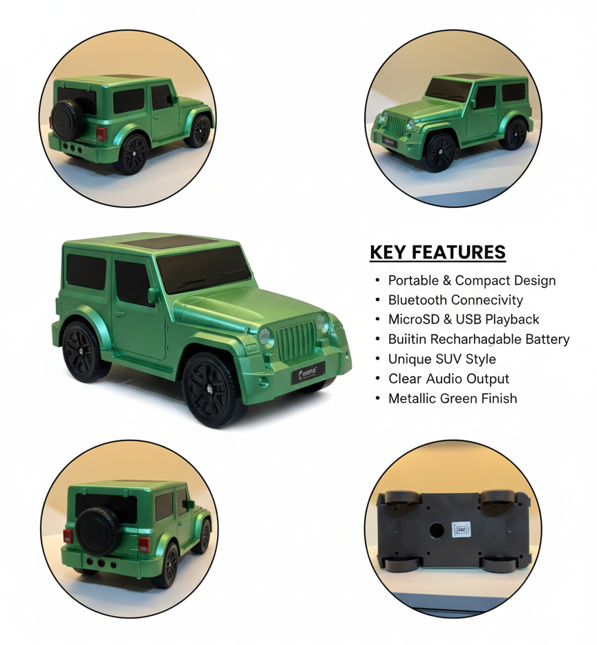 Metallic Green SUV Bluetooth Speaker – Portable Wireless Audio Mini Vehicle