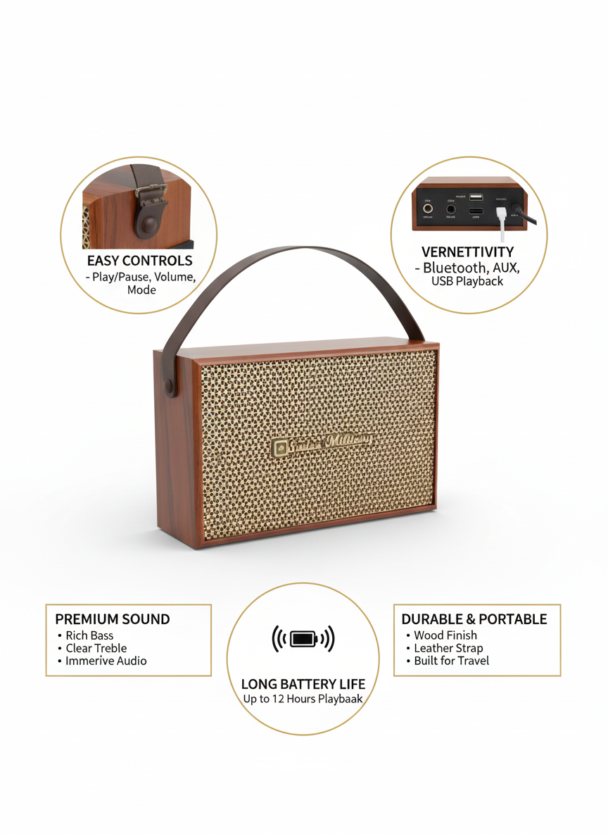 Swiss Military Premium Retro Wooden Bluetooth Speaker with Powerful Bass & Portable Leather Strap