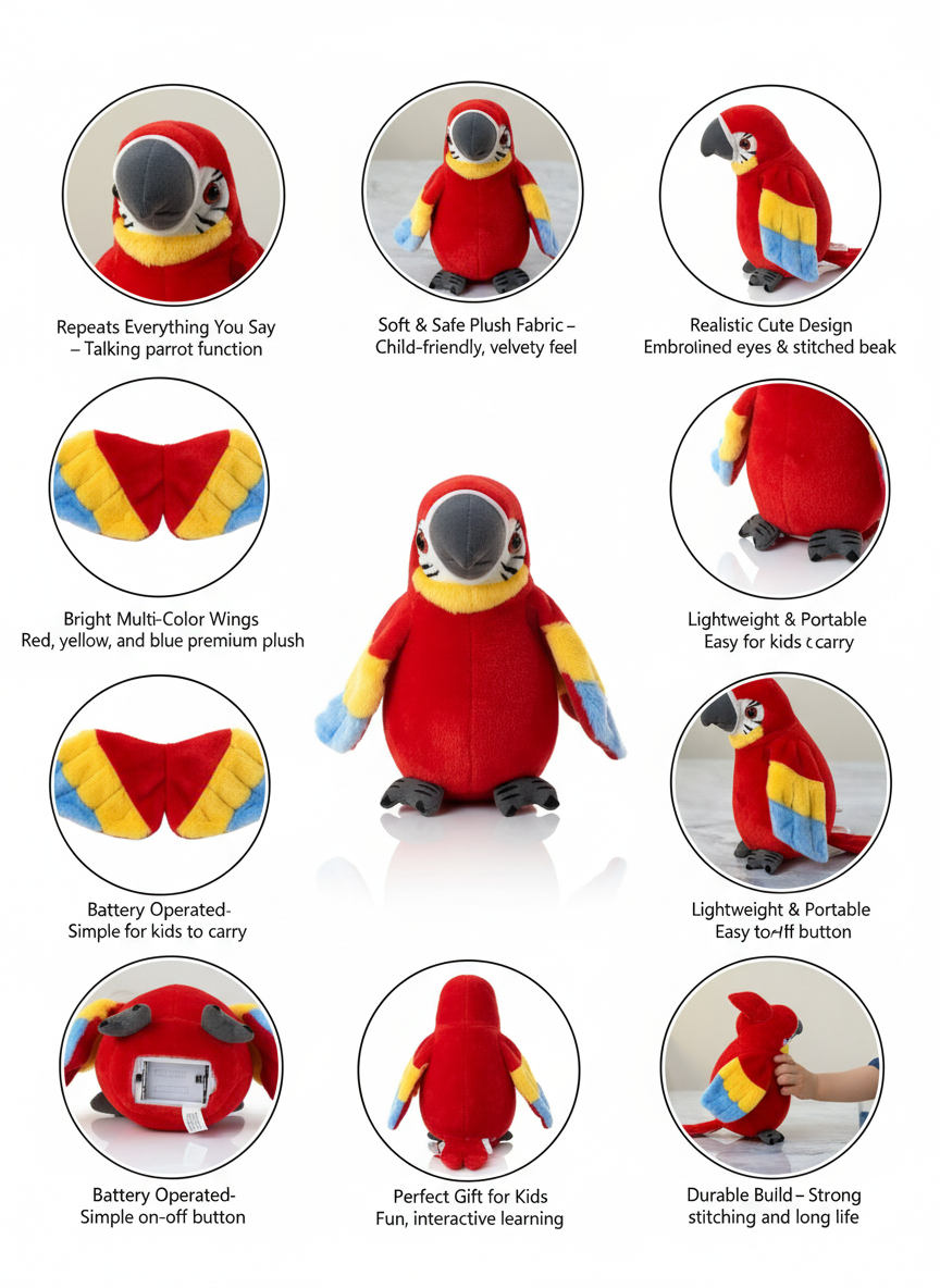 Talking Parrot Educational Plush – Colorful, Safe & Battery Operated