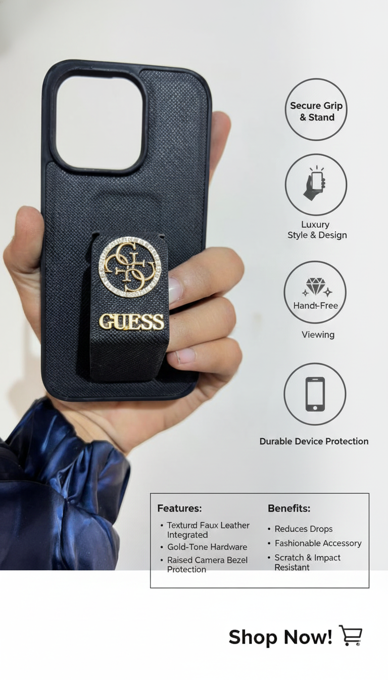 Guess Luxury Textured Black Phone Case with Integrated Finger Loop Grip and Premium Protective Design
