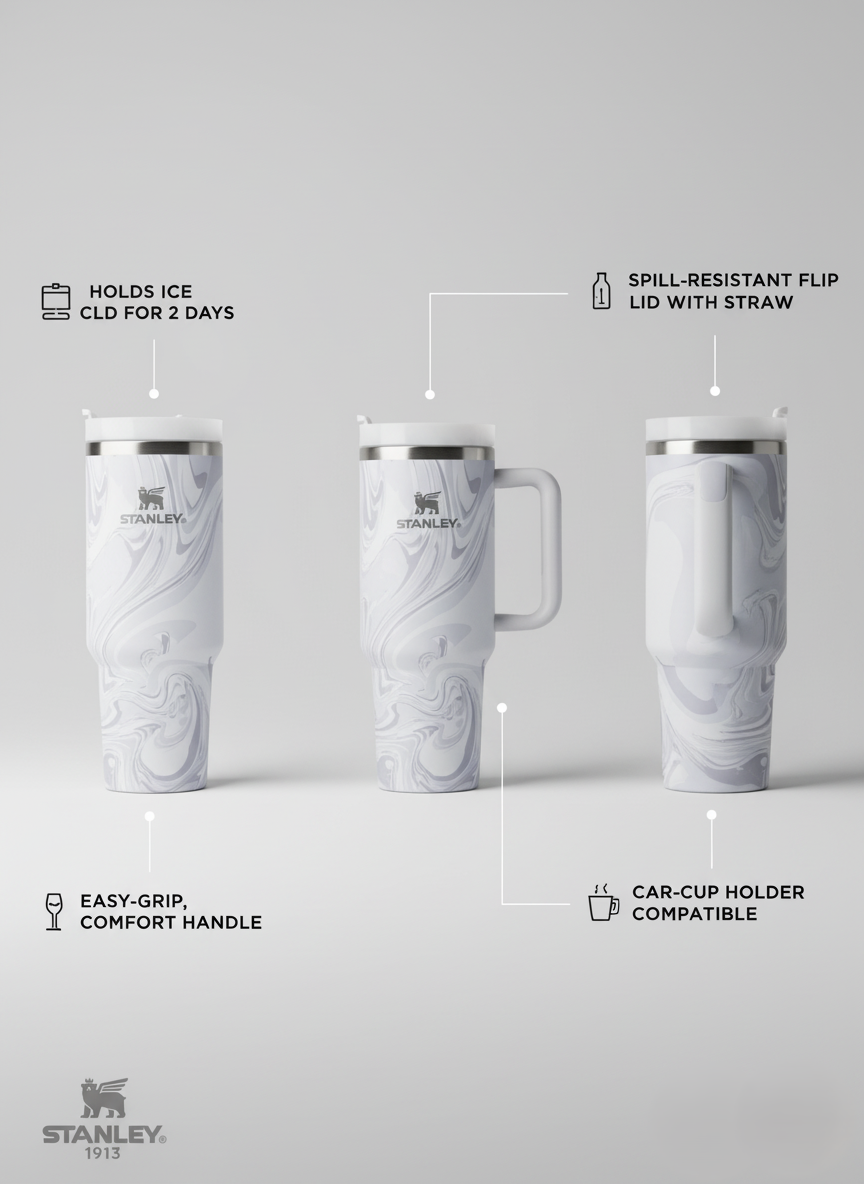 Stainless Steel Quencher Tumbler with Handle – Marble Design Travel Mug