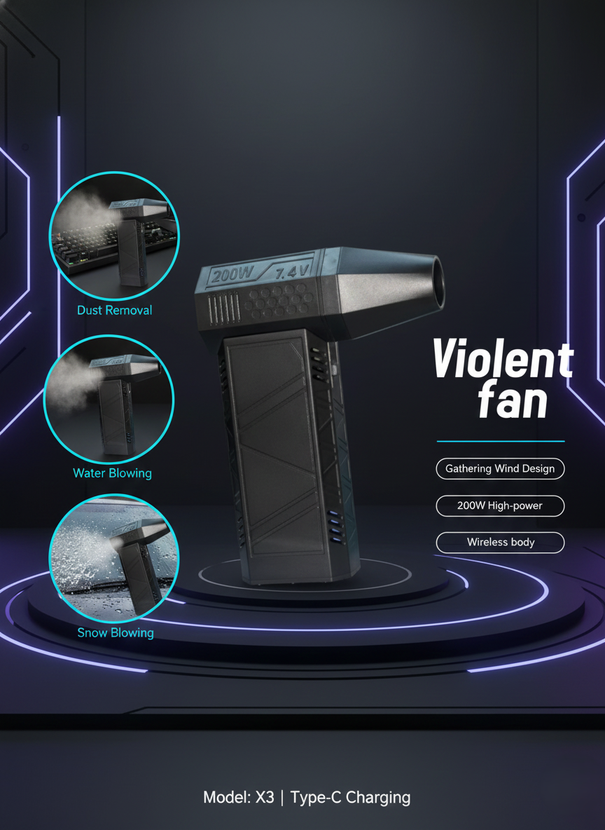 Violent Turbo Fan X3 – 200W High-Power Cordless Air Blower for Dust Cleaning, Quick Drying, Super-Strong Airflow, Portable Rechargeable Turbo Fan with 3 Speeds & Violent Mode
