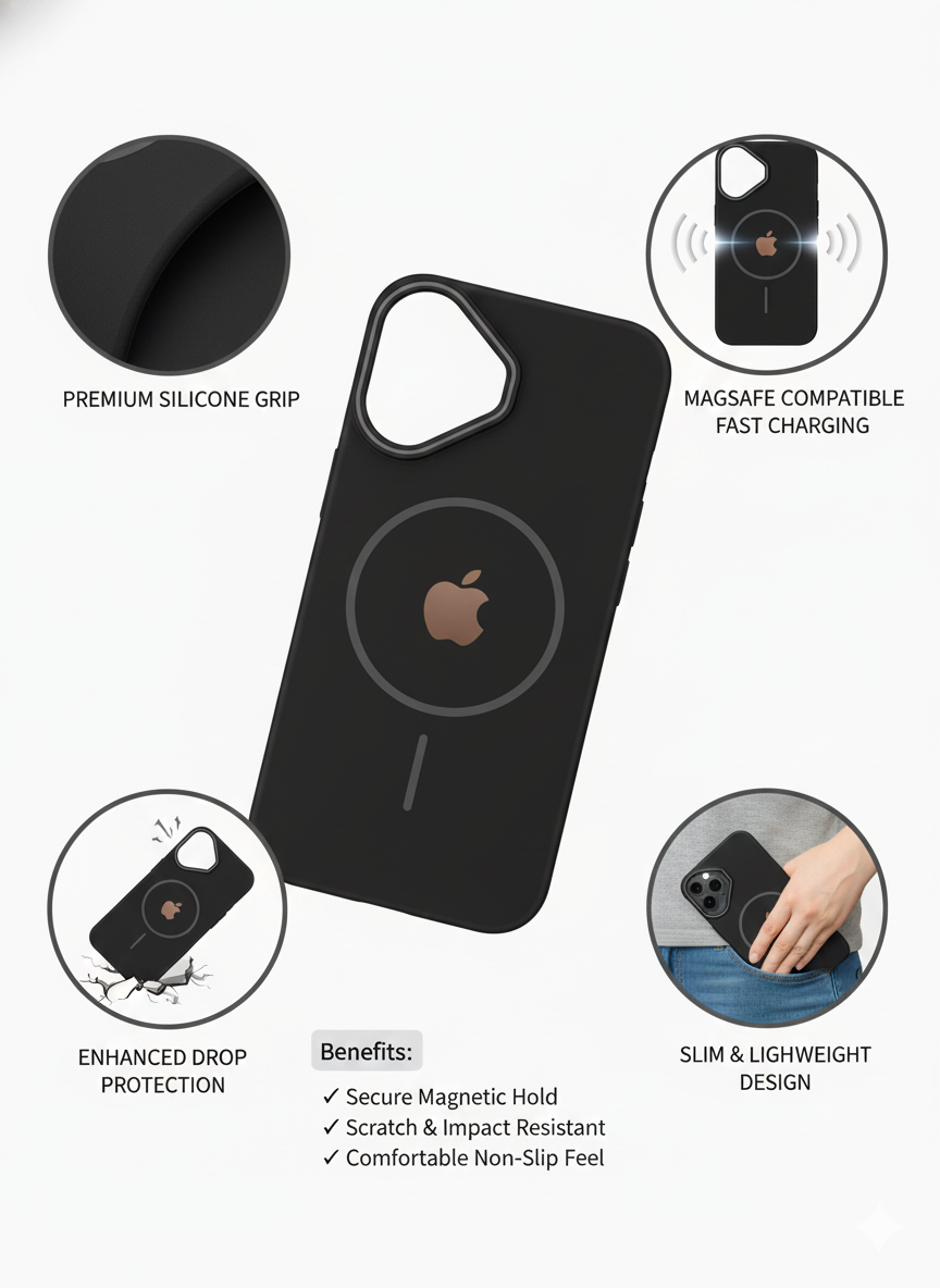 Premium Black Silicone Magnetic Phone Case – Slim Lightweight Wireless Charging Compatible Cover with Enhanced Screen Protection