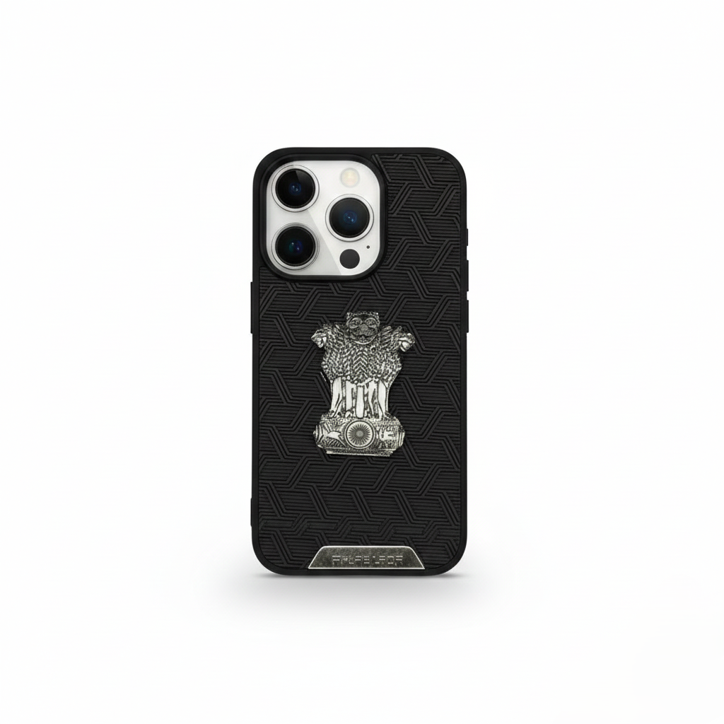 Ashoka Lion Emblem Premium Black Protective iPhone 15 Pro Case with Metallic Finish and Enhanced Grip