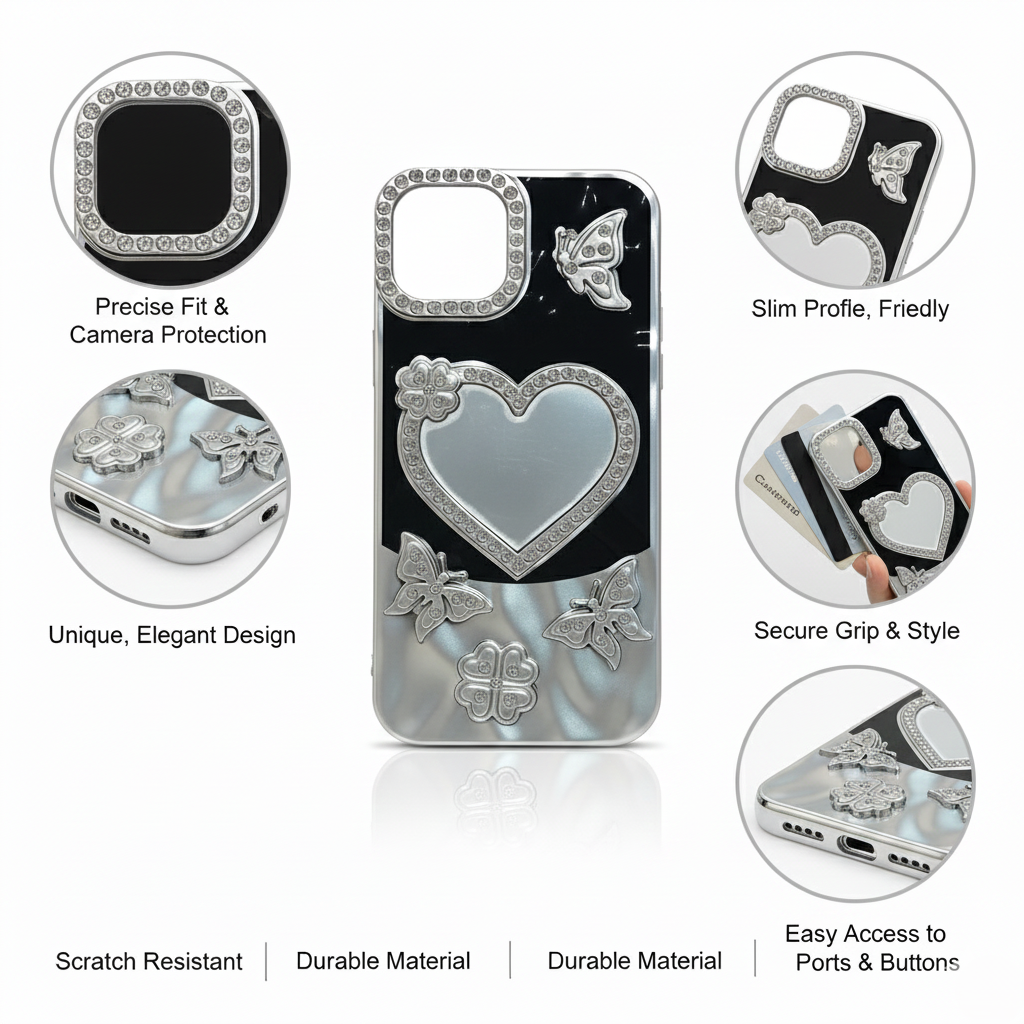 Elegant Crystal Framed Heart and Butterfly Design iPhone Case Luxury Rhinestone Embellished Slim Protective Smartphone Cover