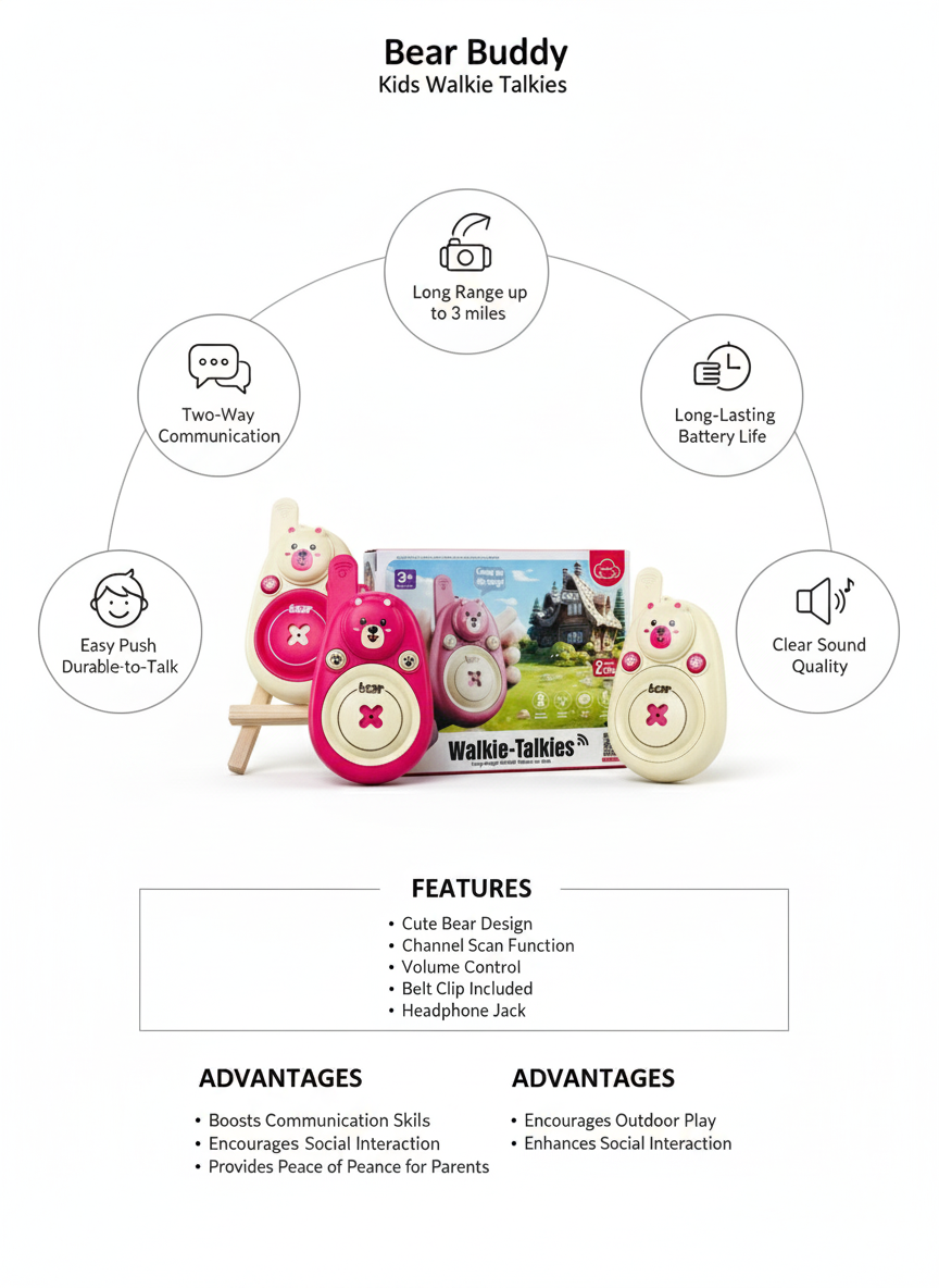 Bear Buddy Kids Walkie Talkies – Long Range, Clear Sound, Cute Bear Design