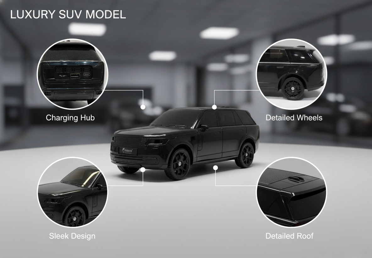 Deluxe Black SUV Toy Model – Authentic 1:24 Scale with Dual USB Ports & LED Features