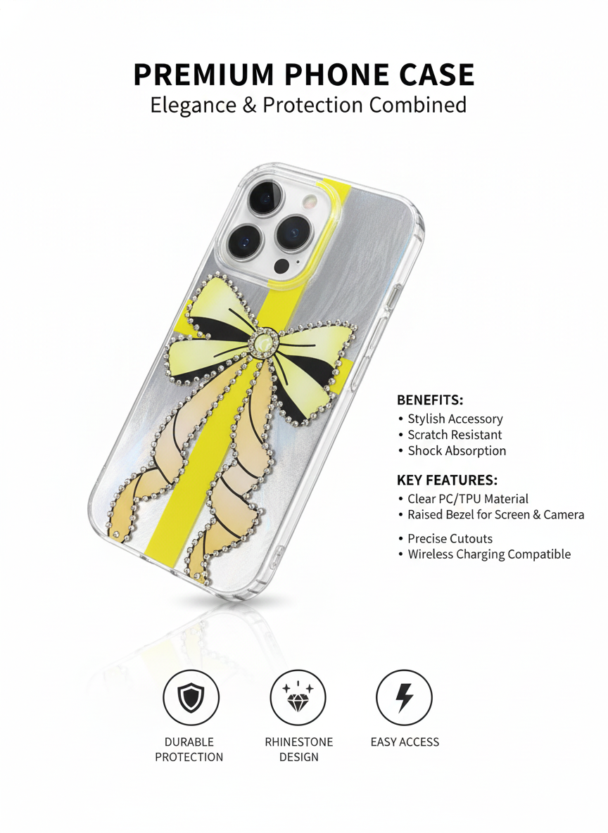Luxury Yellow Ribbon Crystal Clear Case for iPhone 16 Pro