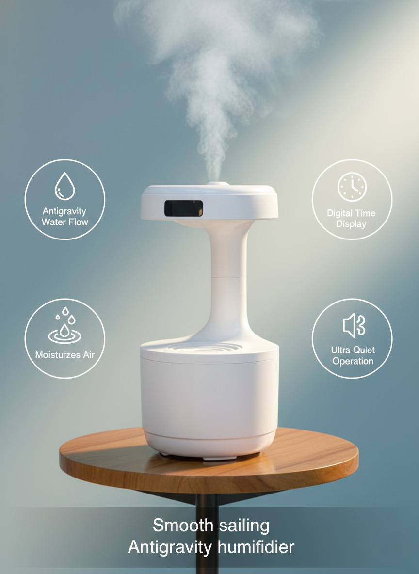 Smooth Sailing Antigravity Humidifier with Digital Clock & Ultra-Quiet Mist