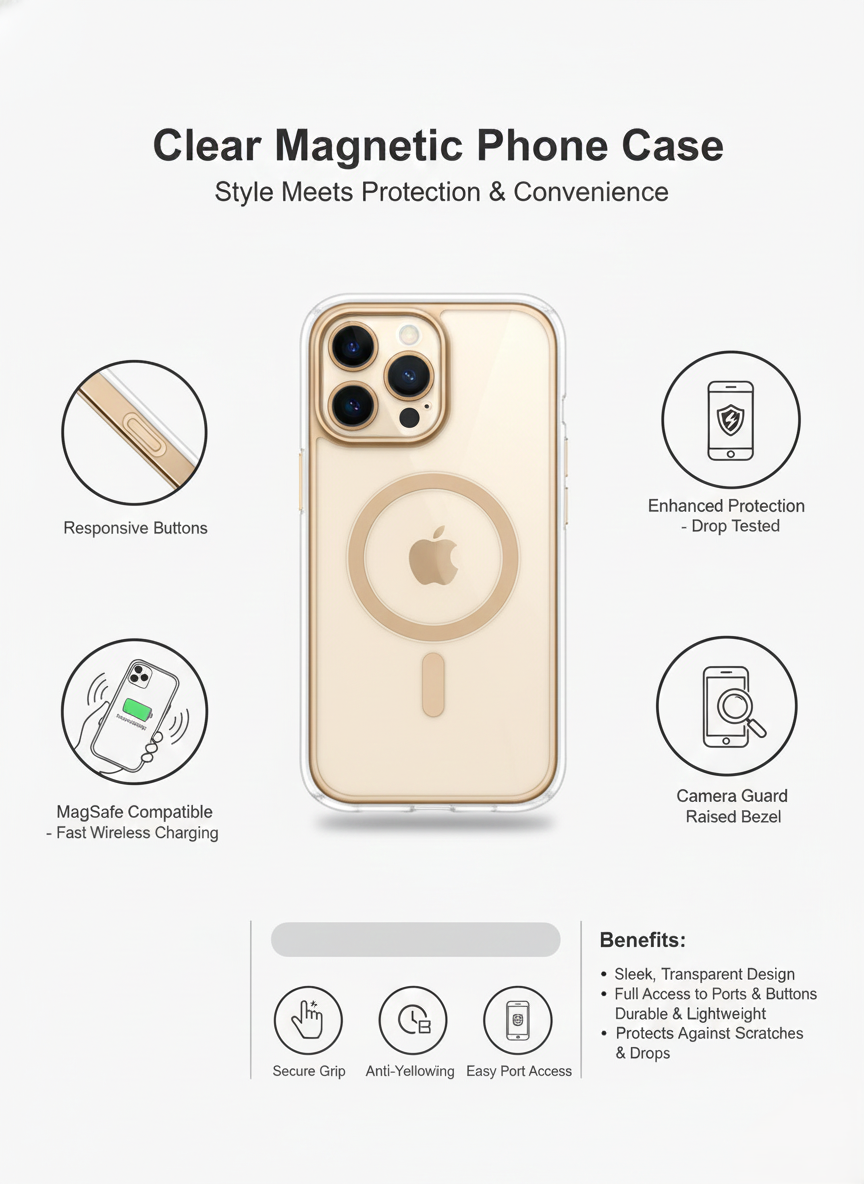 Clear Magnetic Phone Case with MagSafe Compatibility, Transparent Anti-Yellowing Protection, Drop-Tested Slim Cover with Camera Guard and Responsive Buttons