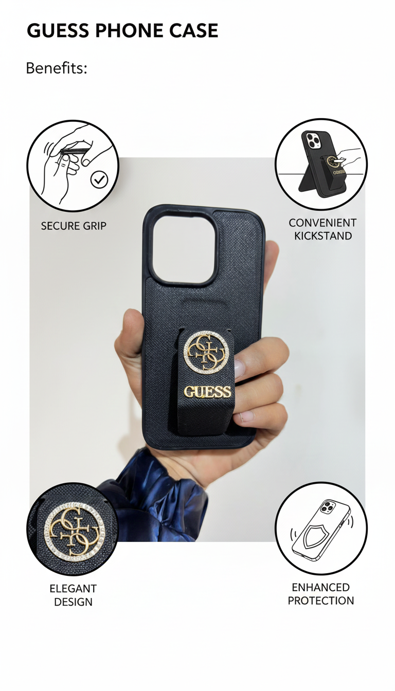 Guess Luxury Textured Black Phone Case with Integrated Finger Loop Grip and Premium Protective Design