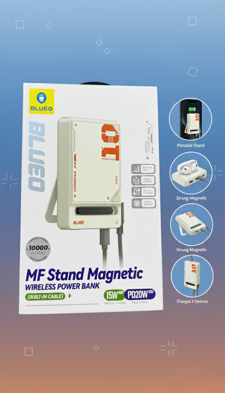 BLUEO MF Stand Magnetic Wireless Power Bank 10000mAh (White) | 15W Magnetic Wireless Charging | Built-in USB-C Cable | PD20W Fast Charging | Foldable Stand | Strong Magnetic Lock