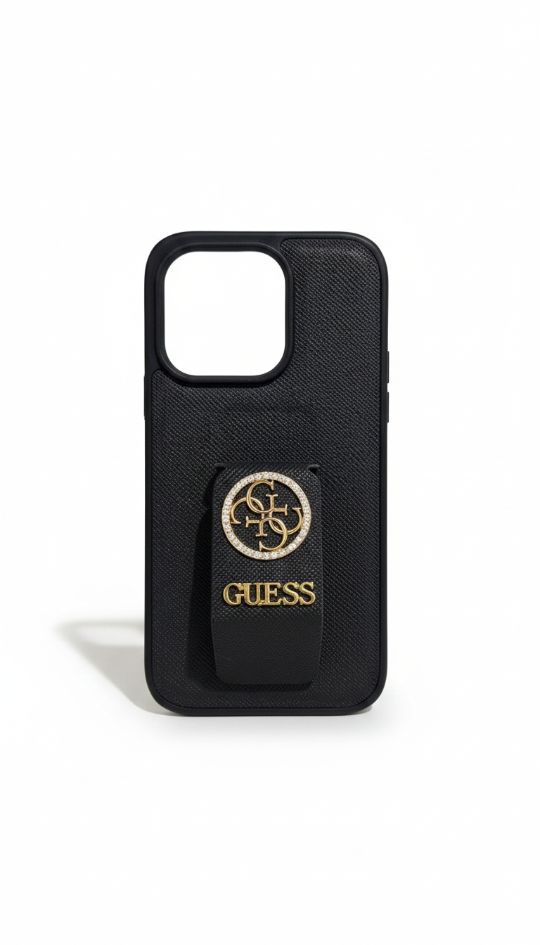 Guess Luxury Textured Black Phone Case with Integrated Finger Loop Grip and Premium Protective Design