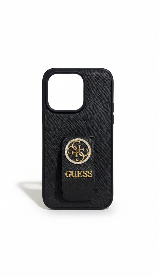 Guess Luxury Textured Black Phone Case with Integrated Finger Loop Grip and Premium Protective Design