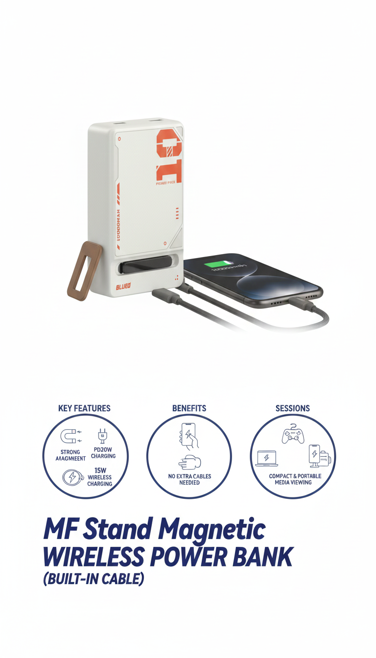 BLUEO MF Stand Magnetic Wireless Power Bank 10000mAh (White) | 15W Magnetic Wireless Charging | Built-in USB-C Cable | PD20W Fast Charging | Foldable Stand | Strong Magnetic Lock