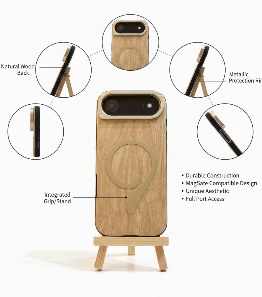 iPhone 17 Air Case with Natural Wood Back, MagSafe Grip/Stand, and Metal Protection Ring