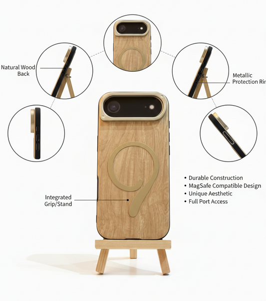iPhone 17 Air Case with Natural Wood Back, MagSafe Grip/Stand, and Metal Protection Ring