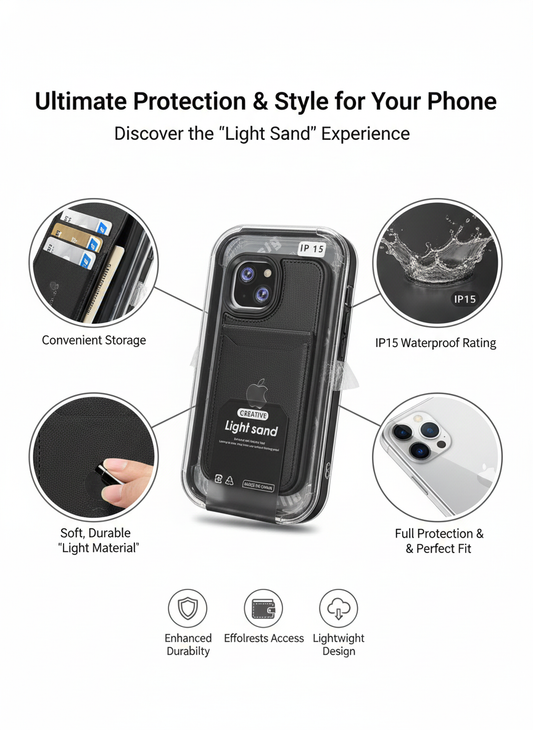 Light Sand Waterproof Card Holder iPhone Case with IP15 Protection, Slim Lightweight Design, and Full Coverage Fit