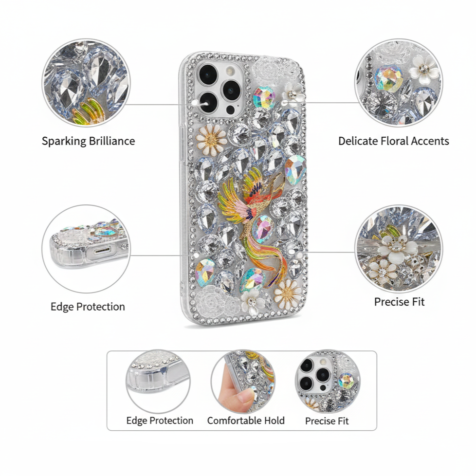 Luxury Handcrafted Crystal Embellished iPhone 13 Pro Case with Colorful Bird and Floral Rhinestone Design Protective Smartphone Cover