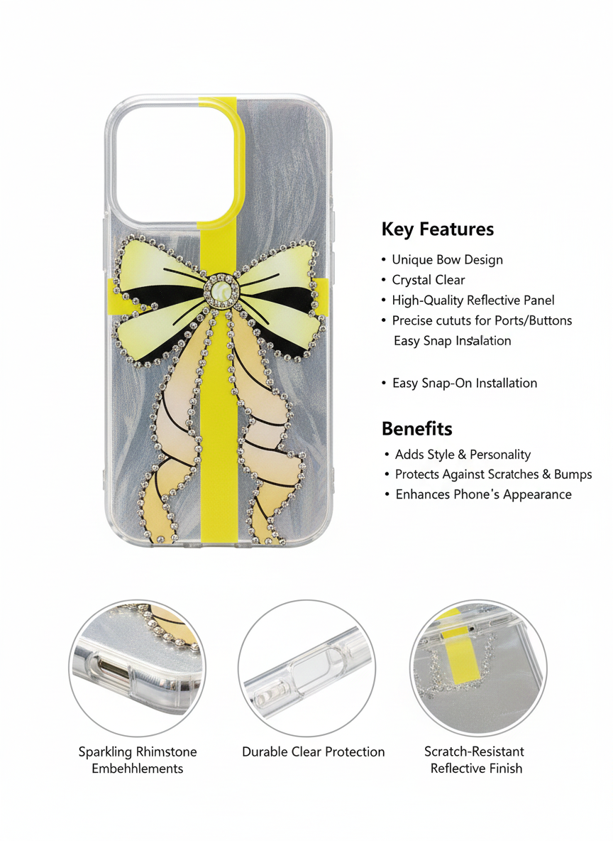 Luxury Yellow Ribbon Crystal Clear Case for iPhone 16 Pro