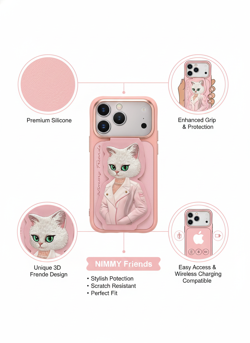 Chic NIMMY Friends Pink 3D Cat Phone Case for iPhone 17 Pro - Unique Character Design & Perfect Fit
