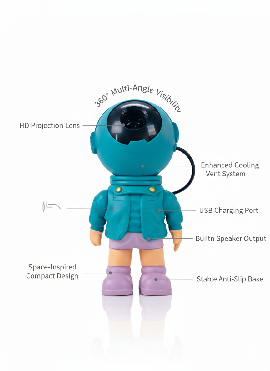 Mini Astronaut Character Projector – 360° HD Lens, Cooling Vent System & Space-Inspired Compact Design