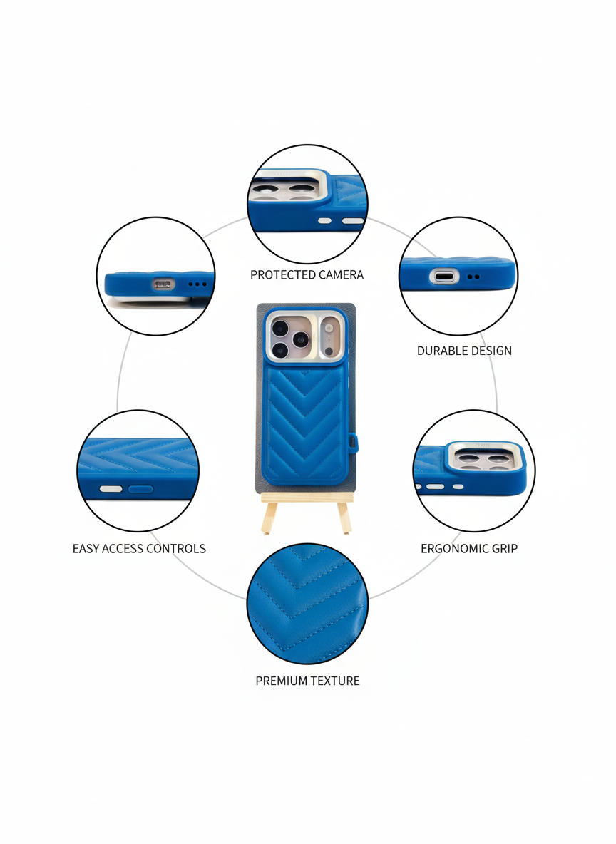 Premium Blue Leatherette Protective 17 pro Case with Camera Guard & Strap Loop – Compatible with iPhone