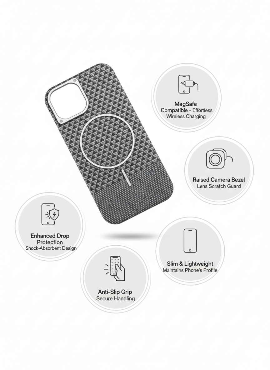 Ultra-Thin Carbon Texture MagSafe Compatible iPhone Case with Raised Lens Protection and Anti-Fingerprint Finish