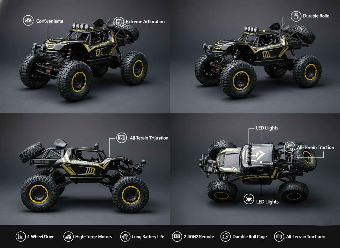 High-Performance All-Terrain 4x4 RC Rock Crawler – Rugged Suspension & LED Lights