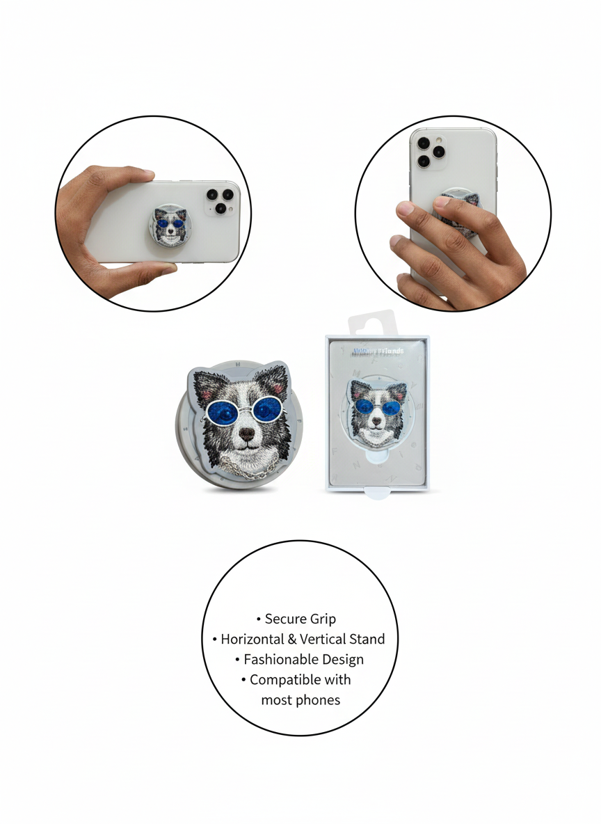 Trendy Blue-Glasses Dog PopSocket Phone Grip Holder, Cute 3D Animal Design Mobile Stand for Secure Grip, Comfortable Handling and Stylish Everyday Smartphone Use