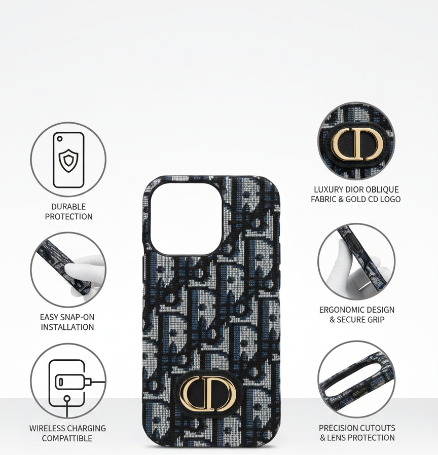 Luxury Oblique Fabric Designer 16 Pro Phone Case with Gold Emblem, Slim Protective Wireless Charging Compatible Cover