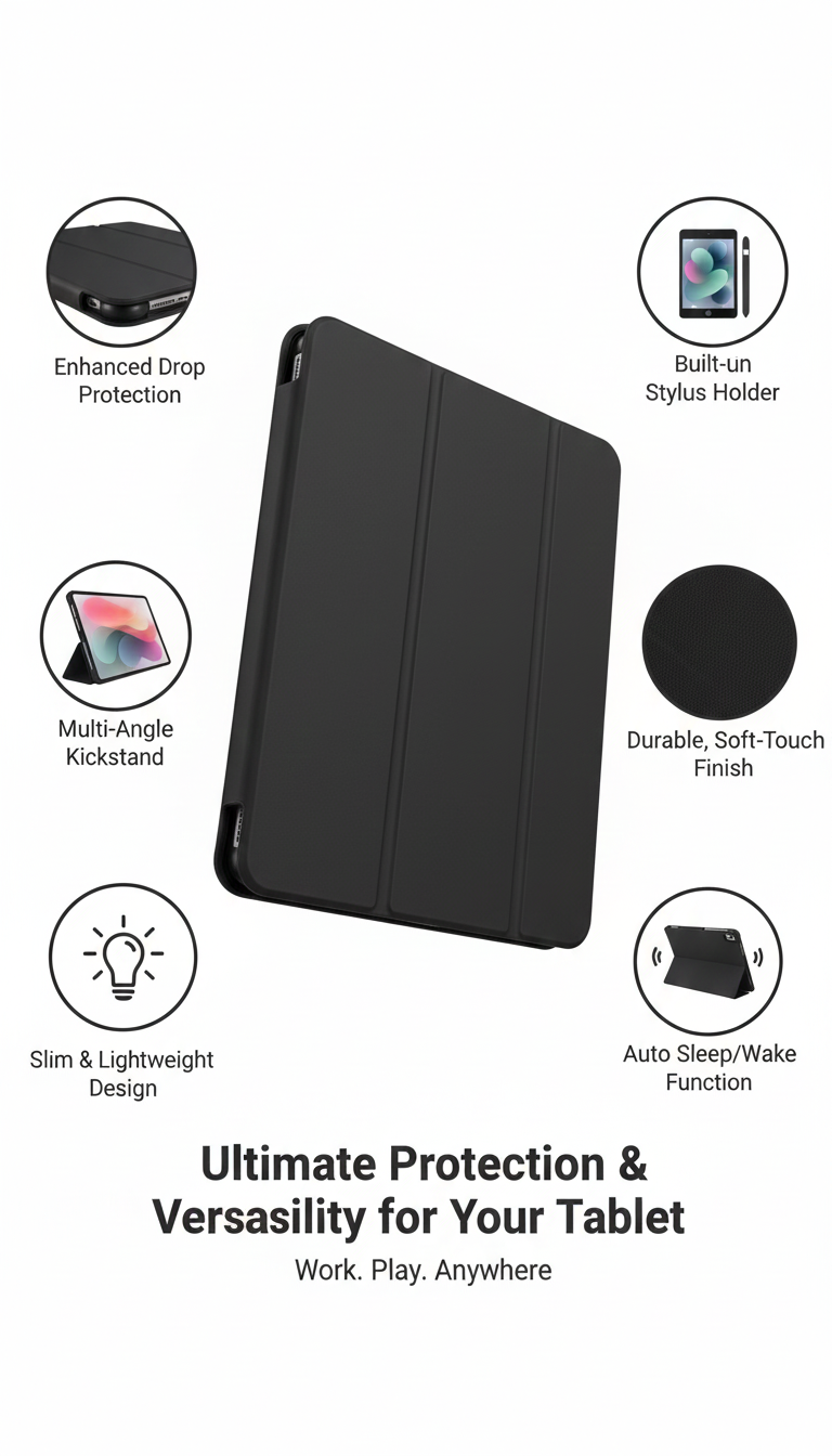 Premium Magnetic Stand Protective Tablet Case with Secure Pen Holder, Shock-Resistant Build, Multi-Angle Viewing, Slim Lightweight Design for Everyday Safe Device Use