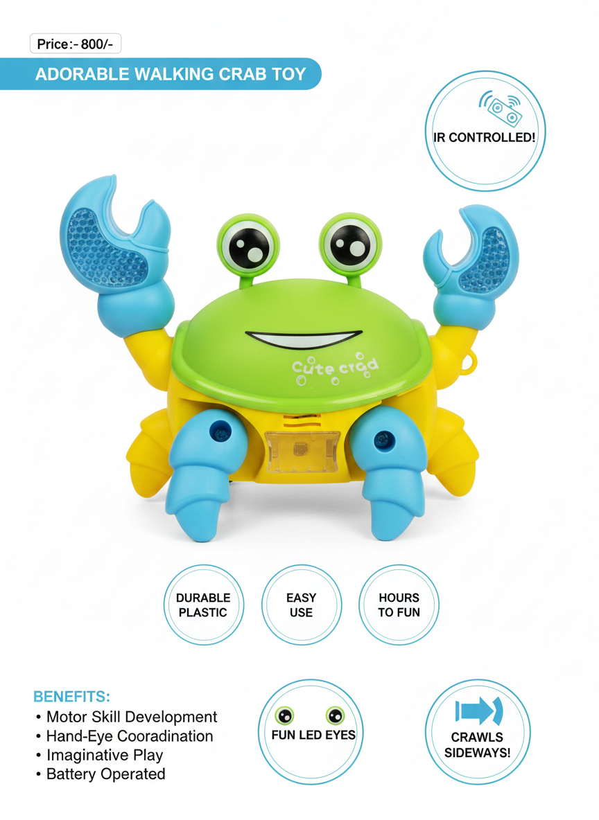 Adorable Infrared Controlled Walking Crab Toy with Fun LED Eyes, Durable Plastic Build, Sideways Crawling Action, Motor Skill Development and Engaging Imaginative Play