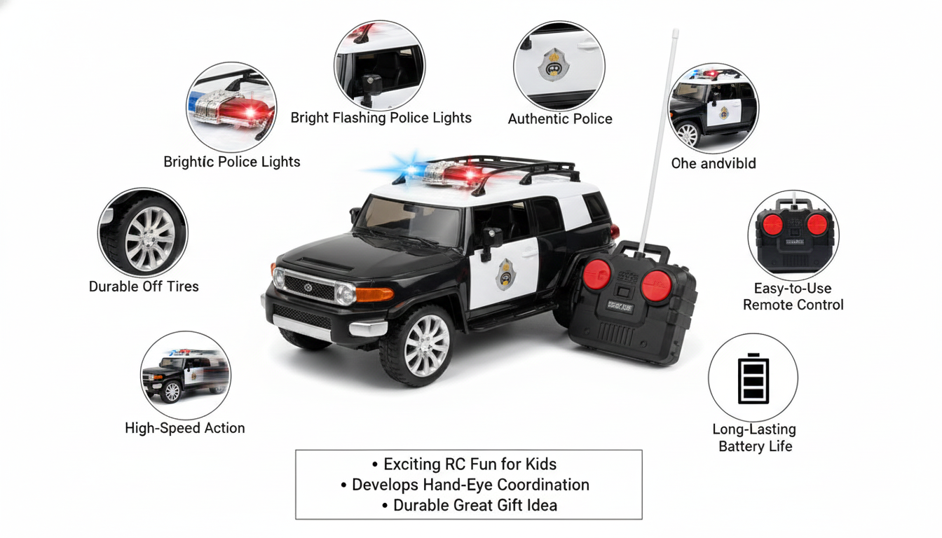 Remote Control Police SUV Toy Car with Flashing Lights, Durable Off-Road Tires, Long-Lasting Battery and Easy Steering for Kids