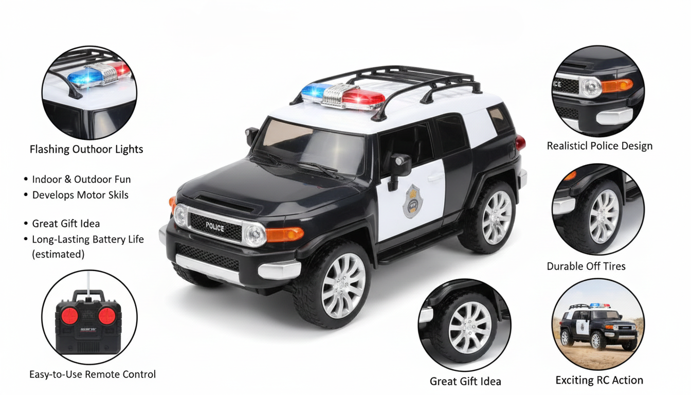 Remote Control Police SUV Toy Car with Flashing Lights, Durable Off-Road Tires, Long-Lasting Battery and Easy Steering for Kids