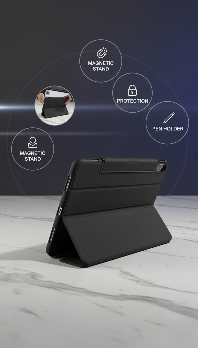 Premium Magnetic Stand Protective Tablet Case with Secure Pen Holder, Shock-Resistant Build, Multi-Angle Viewing, Slim Lightweight Design for Everyday Safe Device Use