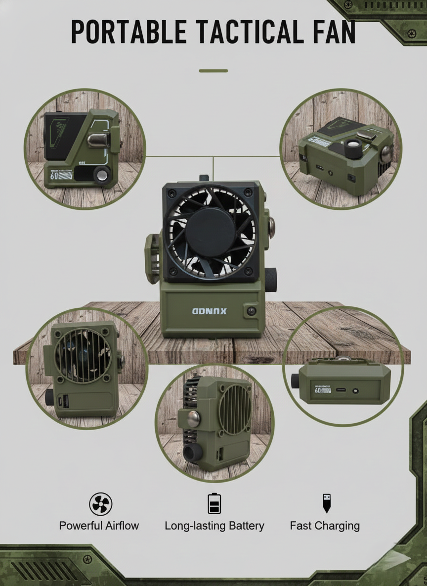 Portable Tactical Mini Fan with Powerful Airflow, Long-Lasting Rechargeable Battery, Fast USB-C Charging, Rugged Military Design, Compact Outdoor Cooling Device for Camping, Travel, Desk Use and Everyday Heat Relief