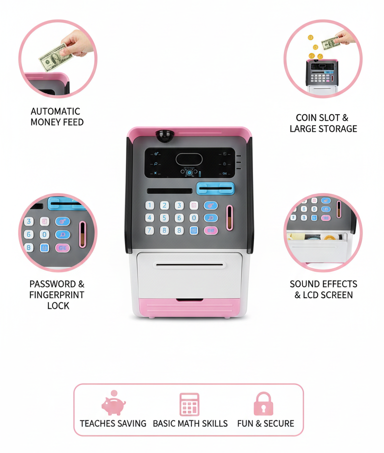 Smart Kids ATM Bank Toy with Password, Coin Slot & Cash Feed