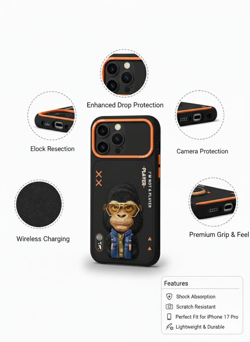 iPhone 17 Pro Rugged Back Cover with Cartoon Gorilla & Orange Bumper