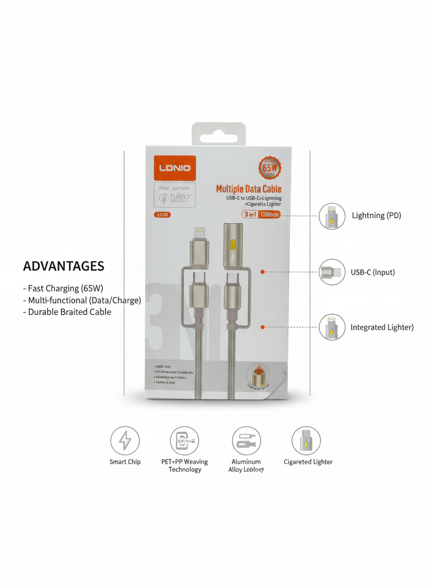 LDNIO Fast Charging Braided Cable 3-in-1 | 65W Power | Built-in Lighter | Durable PET+PP