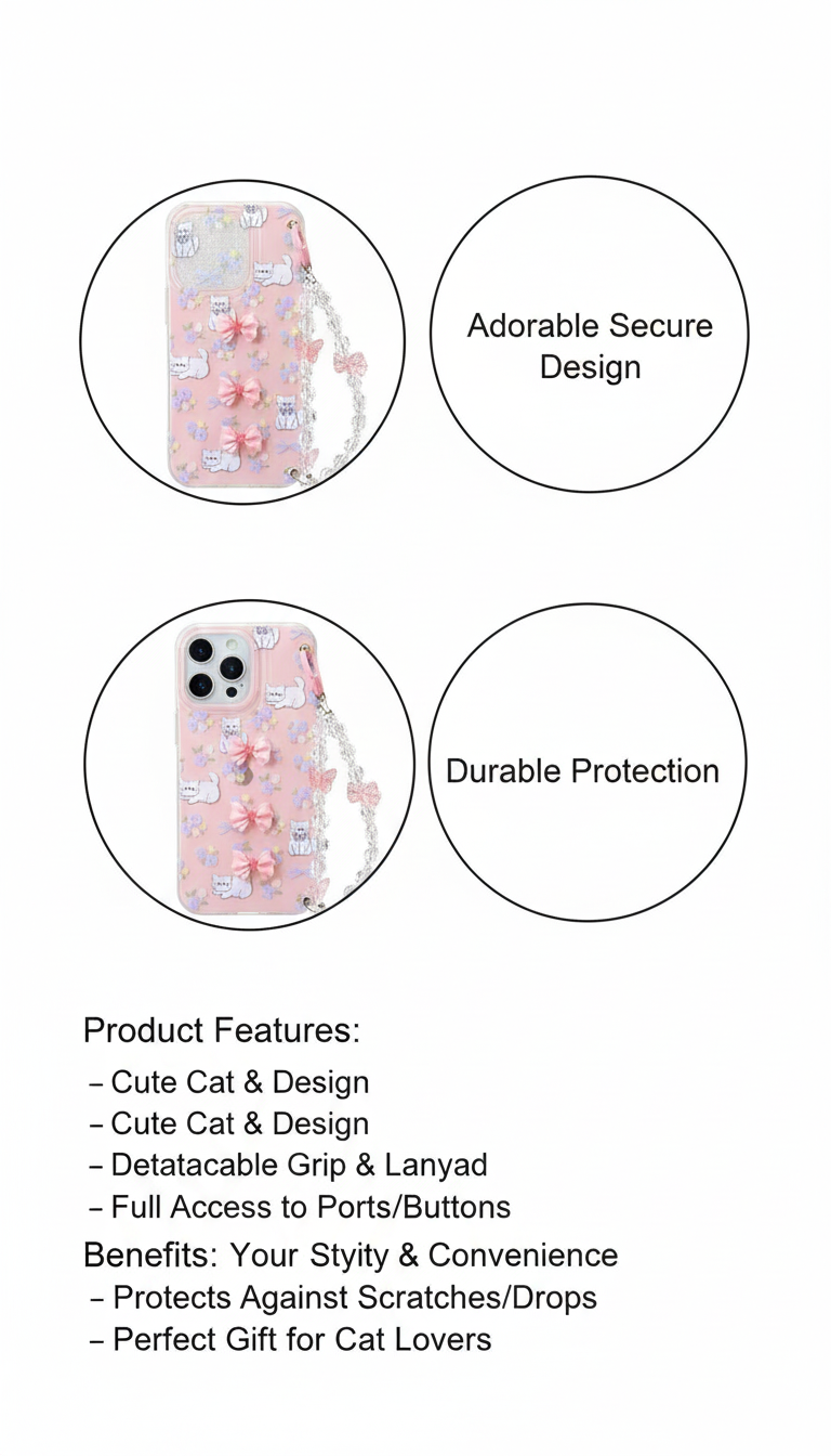 Clear Floral Phone Case with 3D Bow Charms and Detachable Crystal Wrist Strap, Elegant Protective Cover with Cute Kitten Print