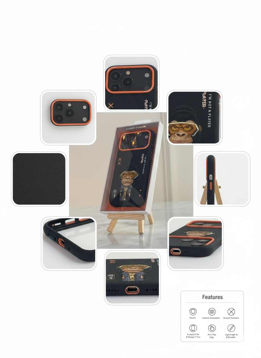 iPhone 17 Pro Rugged Back Cover with Cartoon Gorilla & Orange Bumper