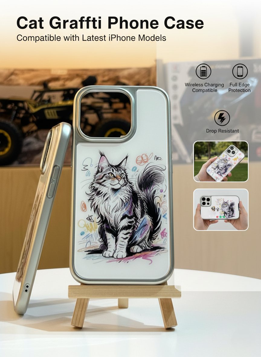 iPhone 16 Pro Cat Art Phone Case | Full Edge Protection & Drop Resistant | Anti-Scratch Back Panel