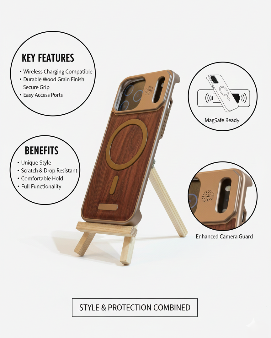Premium Wood Texture MagSafe Case for iPhone 17 Pro | Luxury Shockproof Protective Cover | Vintage Wooden Finish