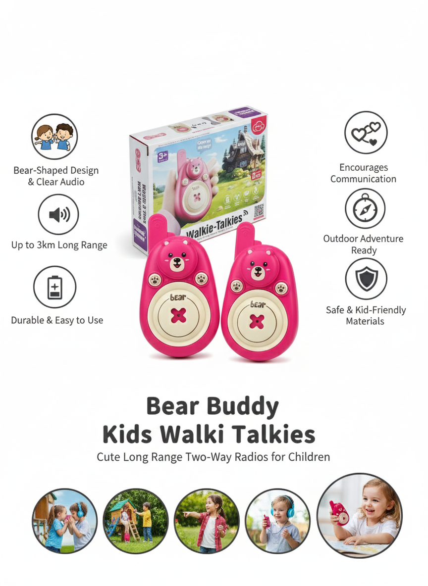 Bear Buddy Kids Walkie Talkies – Long Range, Clear Sound, Cute Bear Design