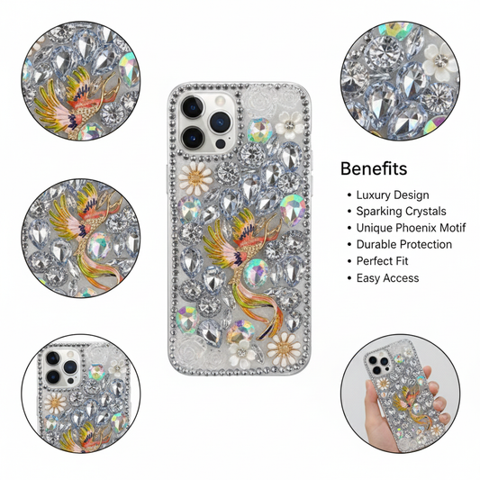 Luxury Handcrafted Crystal Embellished iPhone 13 Pro Case with Colorful Bird and Floral Rhinestone Design Protective Smartphone Cover