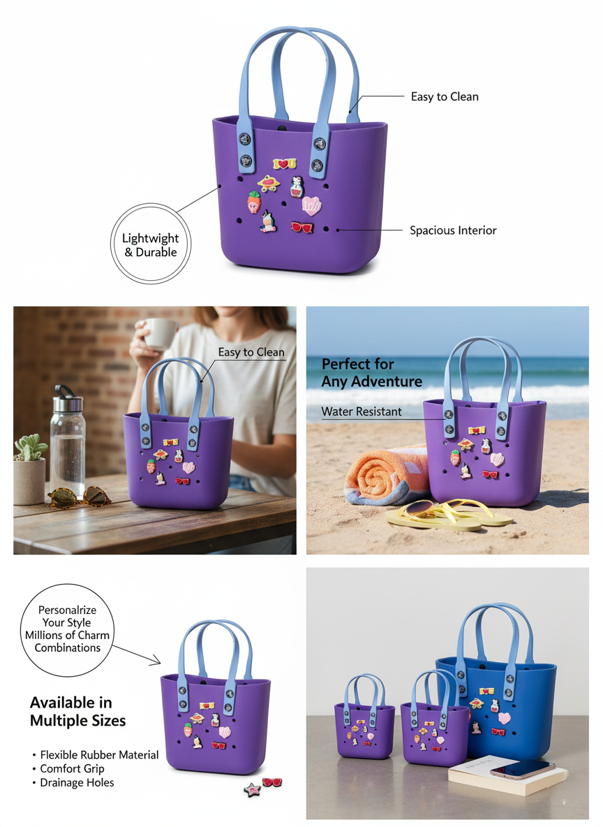 Luxe Customizable EVA Tote in Purple with Sky-Blue Handles
